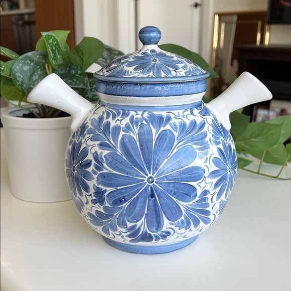 Vintage Painted Floral Ceramic Jar Vessel Blue & White Decor - Picture 3 of 17